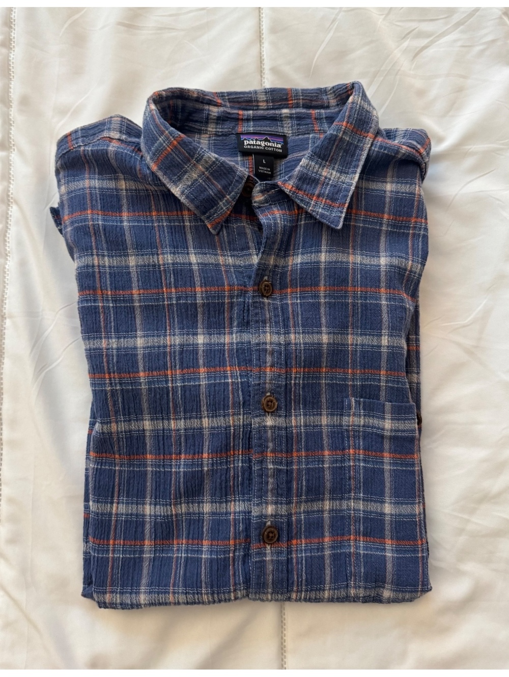 Patagonia Men's Organic Cotton Blue Plaid Short Sleeve Shirt, Size L